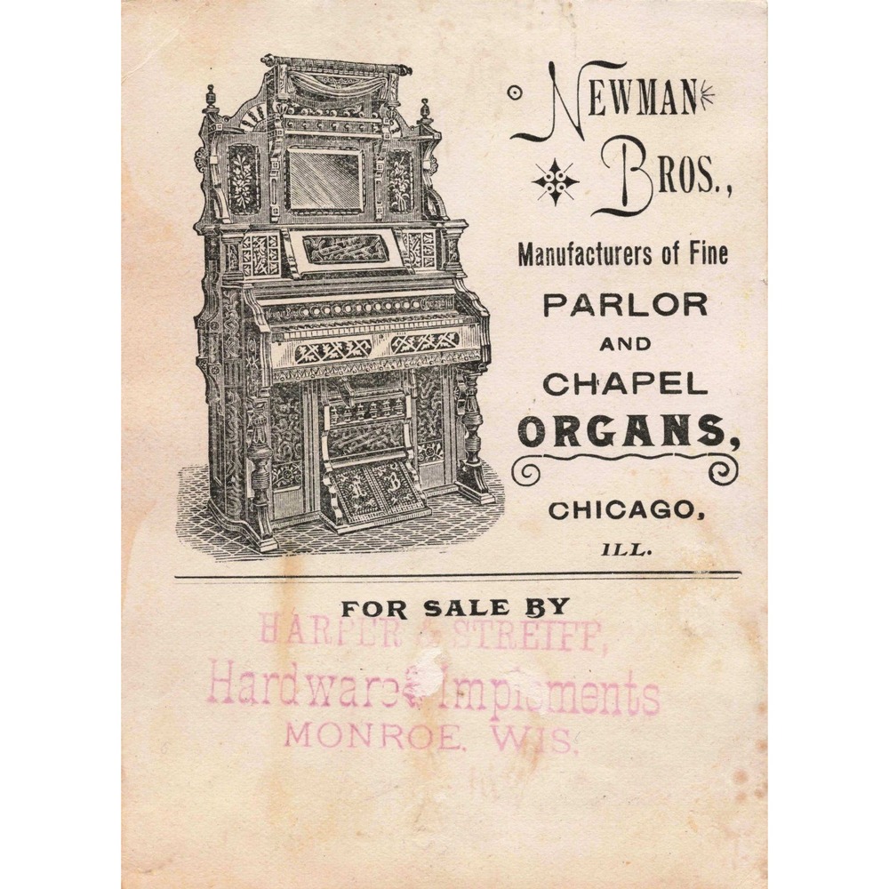 Antique Victorian Trade Card Newman Bros Organ Chicago Monroe WI - Picture 2 of 2